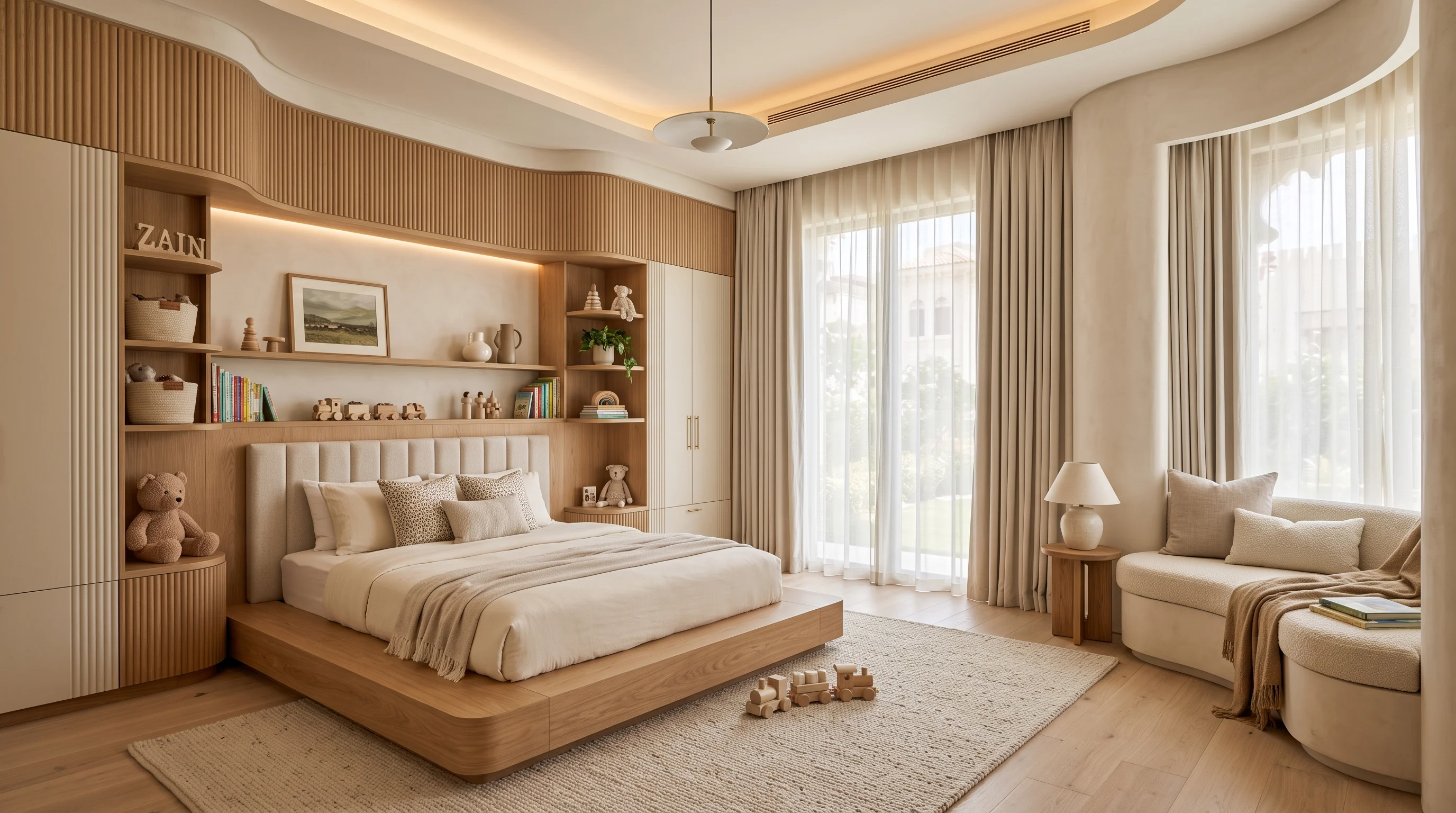 Custom children suite featuring integrated storage wardrobes and reading alcove